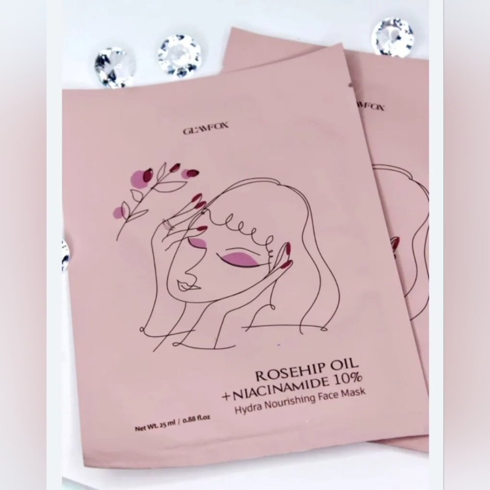 GLAMFOX ROSEHIP OIL + 10% NIACINAMIDE HYDRA NOURISHING FACE MASK 10 SHEETS NIB